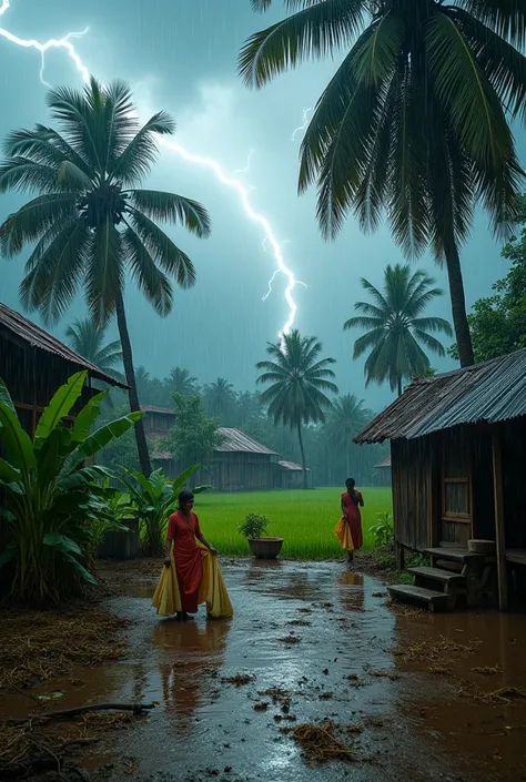 A rural Bengali village during a sudden Kalboishakhi storm. Rain falls heavily on a muddy courtyard where harvested rice is bein...
