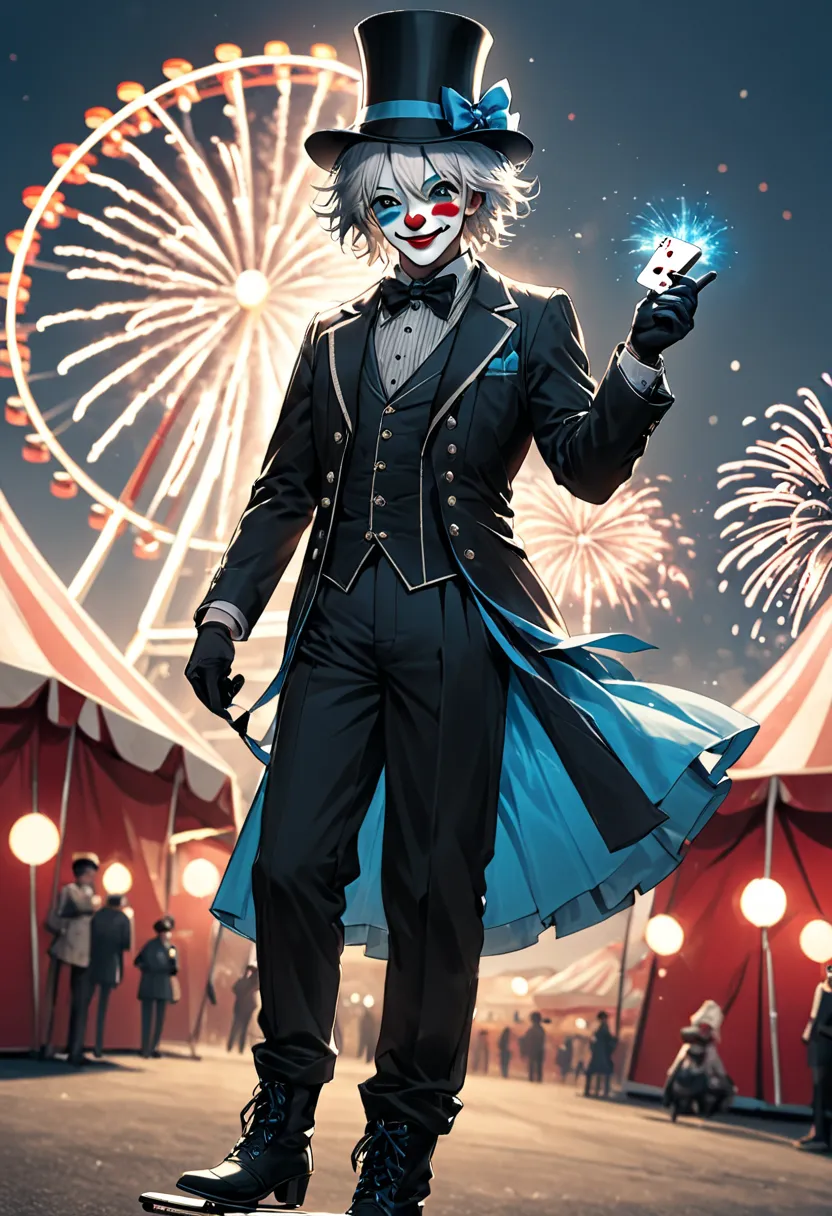 Poster. Realistic. Ultra-detailed. Top camera angle. Action pose. Composition: A beautiful androgynous boy dressed as a clown wi...