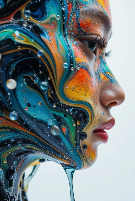 A mesmerizing abstract artwork capturing the profile of a captivating Asian woman's face. It is meticulously rendered with a com...