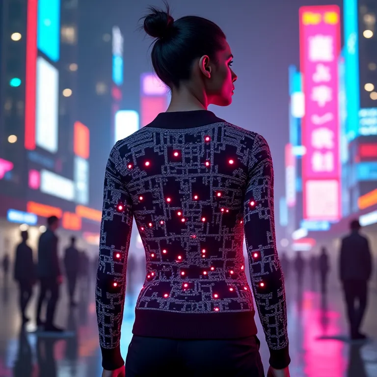 Creer moi un pull connecter futuriste couleur un peu vice city