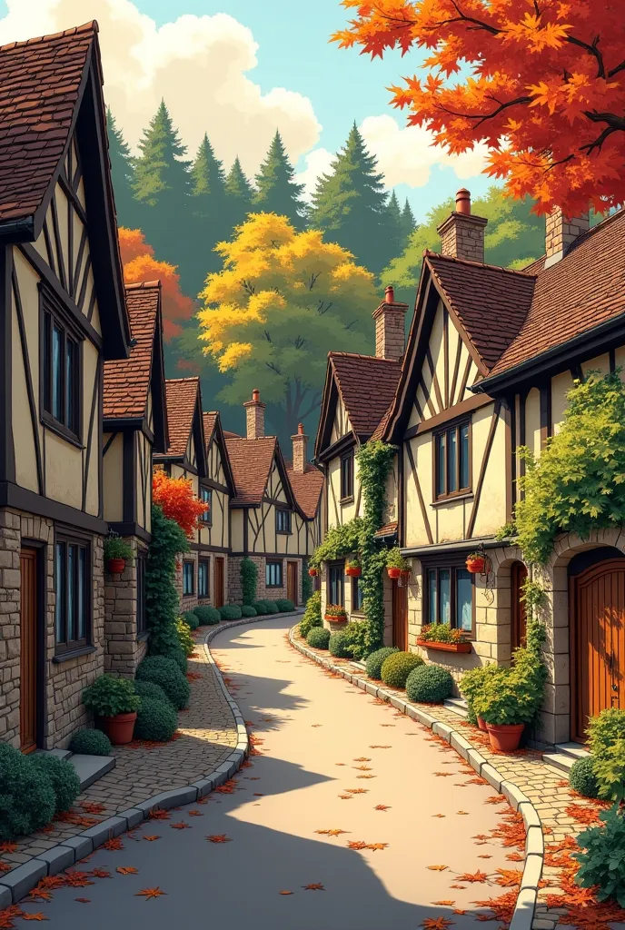 generate a manga stle image of A quaint, curving street lined with traditional, stone-built houses.  The houses feature dark-bro...