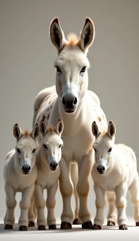 A white donkey with brown spots and 4 more donkey puppies nearby,  sharp and close image 