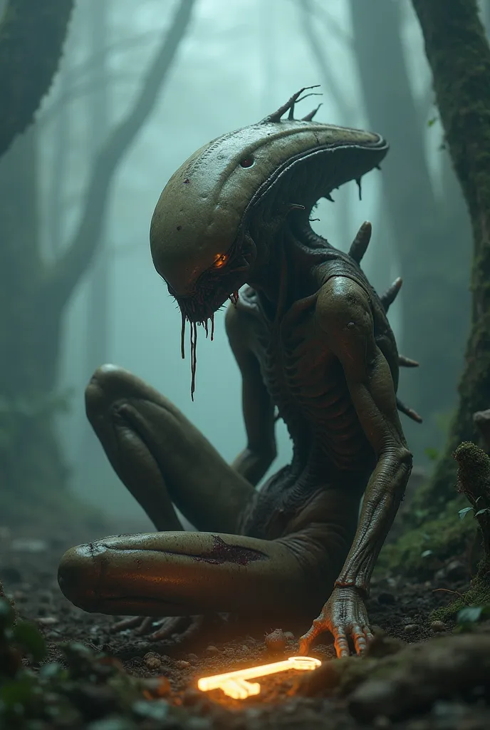 bleeding injured alien creature sitting in foggy forest, with a glowing key near it