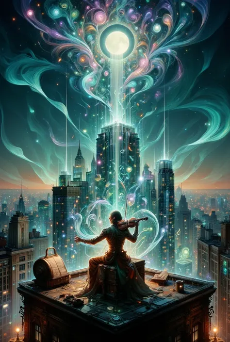create a stunning fantasy realistic art about a music composer holding a violin is performing on the rooftop in the citynight (h...