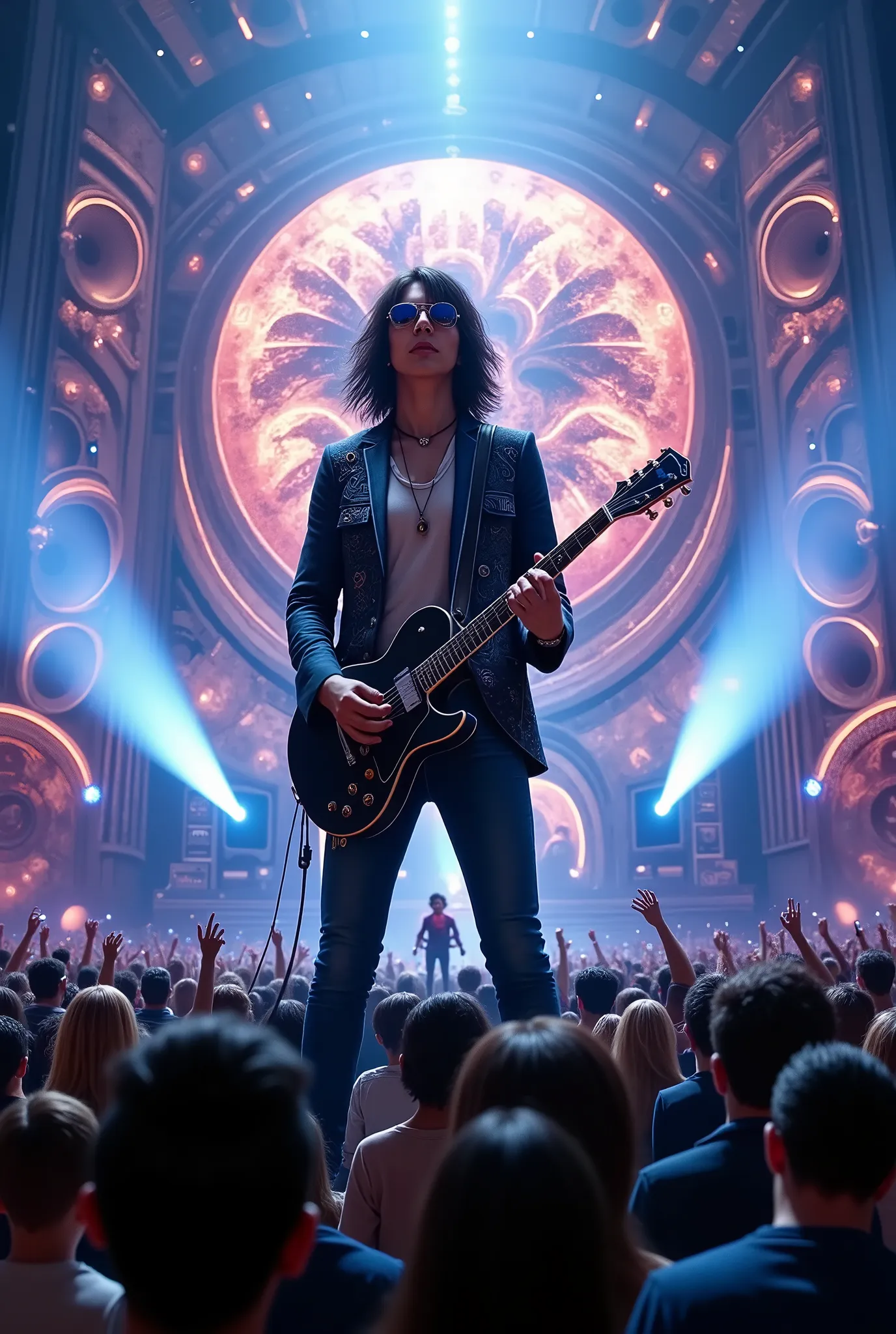 (((Guitarist and singer with big black hair , performing with his matte black guitar on stage , luzes ,light show many people wa...