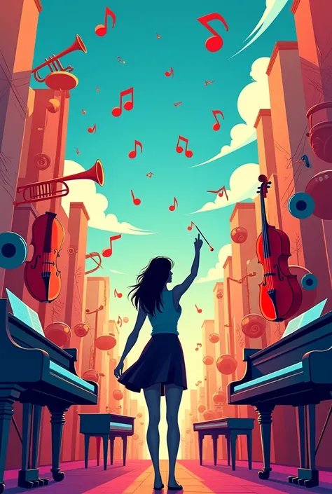 A vibrant fantasy illustration of a city built from musical instruments such as pianos, trumpets, violins, and drums. The scene ...