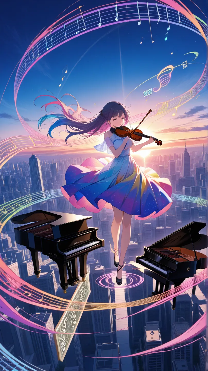 (masterpiece),(absurdres),(ultra detailed),nothing human,(Floating music score:2.0),(colorful music score:1.3),city background,s...