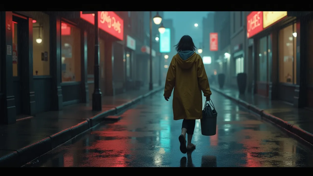 A young woman janitor (Lily) in her early 20s, wearing a raincoat and carrying a worn mop bucket, walking home alone through a r...