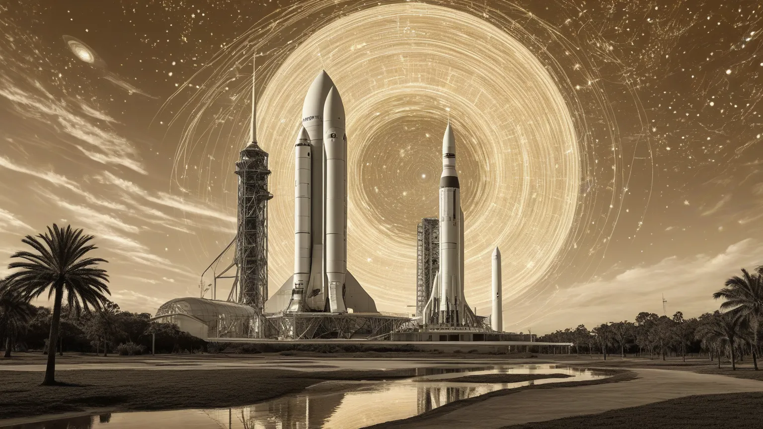 "Create a surreal gothic engraving of Orlando’s Kennedy Space Center under an 80°F Florida sky, depicted in a golden-brown sepia...