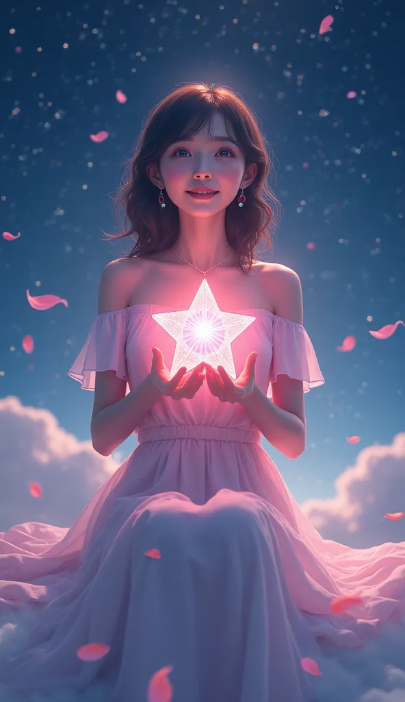 Cancer　star空
幻想的な空間　beautiful woman sitting on the moon。Smiling face with open eyes　顔は上を向いている手には輝くピンクゴールドのstar型を持っている。　star々Shin...