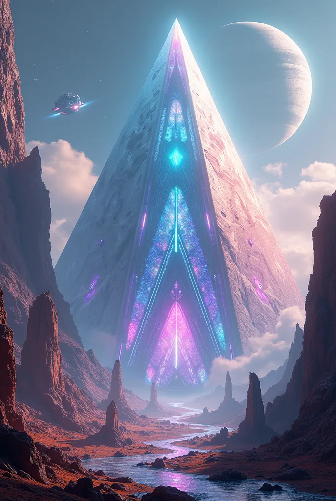 Realistic vertical quality image of an unknown planet where other planets are nearby.On a giant planet pyramid of colored crysta...