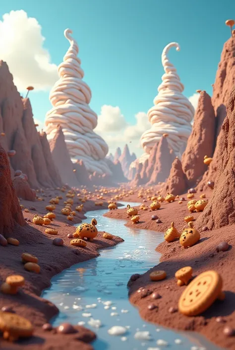 A landscape inspired by McDonald's ice cream, mountains of ice cream, chocolate river and cookie animals. The image should look ...