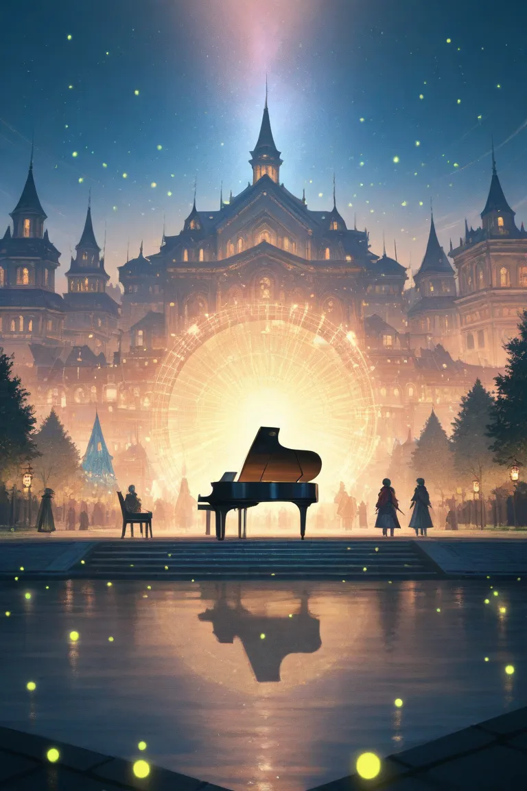 A fantastical town where all buildings are crafted from giant musical instruments. Huge violins and cellos stand as houses, a gr...