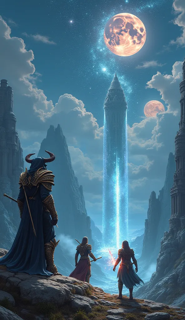 Epic fantasy landscape with floating islands, glittering waterfalls, and ancient ruins. In the foreground, an evil vestia watche...