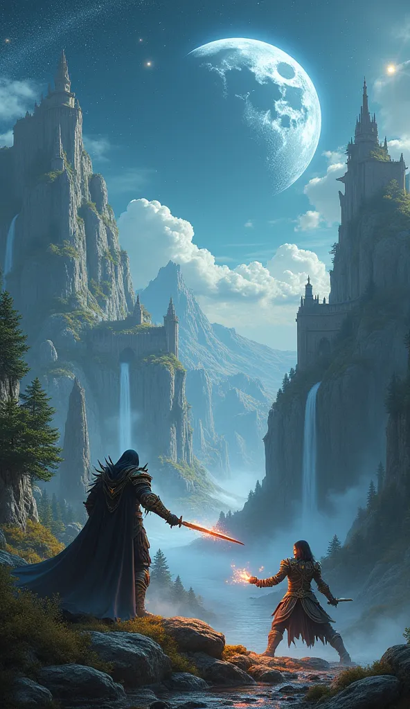 Epic fantasy landscape with floating islands, glittering waterfalls, and ancient ruins. In the foreground, an evil vestia watche...