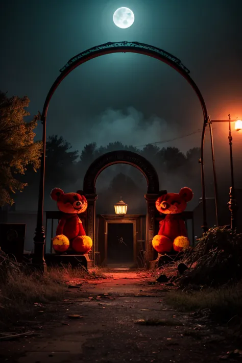 huge sinister and deformed stuffed animals.
In the foreground, inspiring mascot costumes for ren, The atmosphere must be oppress...