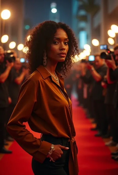 A high-fashion promotional photo of a stunning Black woman (resembling Naomi Campbell or Lizzo). The character walks down a red ...