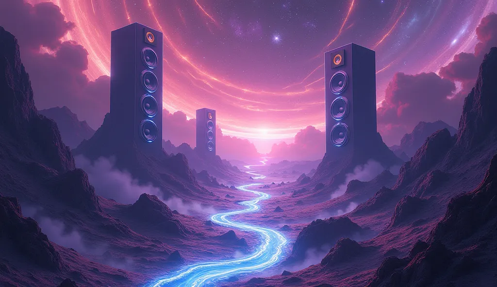 Illustrate an entire world vibrating with bass, where mountains are made of speakers and rivers of sound energy cut through the ...