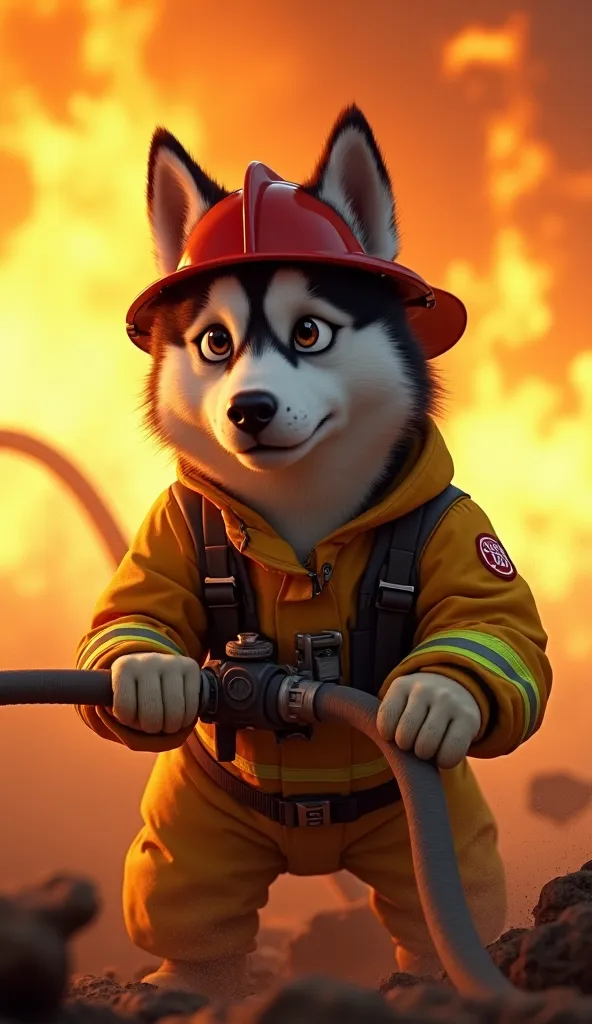 with a uniform number、on the equipment。the dog is wearing a yellow firefighter and a red helmet。the husky is holding the fire ho...