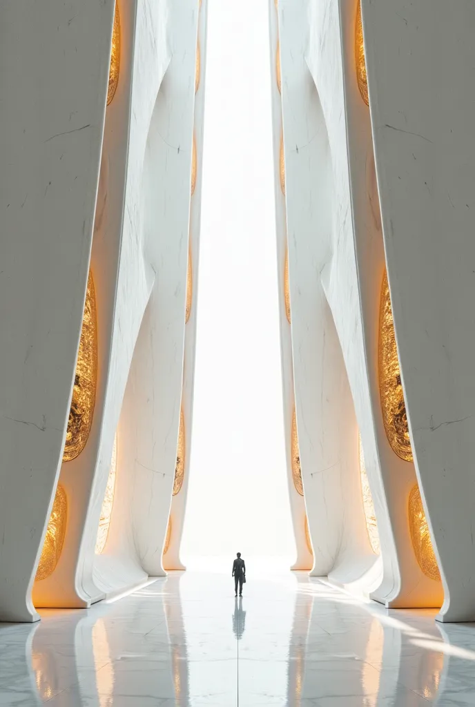 Aereal view of a futuristic white marble with golden veins giant hall 
