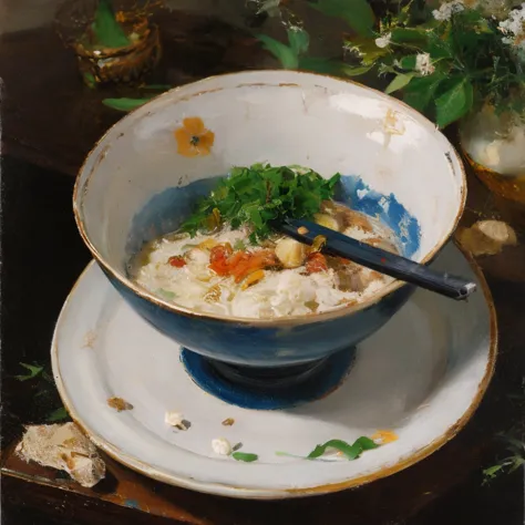 (oil painting: 1.5),

\\

Grey-haired girl, rubio, oil painting,  a painting of an exhibitor with broken blue bowls and bowls , ...