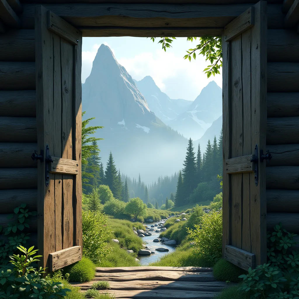 Misty mountains seen through open cabin door