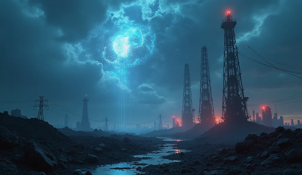 A desolate landscape where Futuristic cities are corroded by structures digital and coded lights. The sky tears , showing cosmic...
