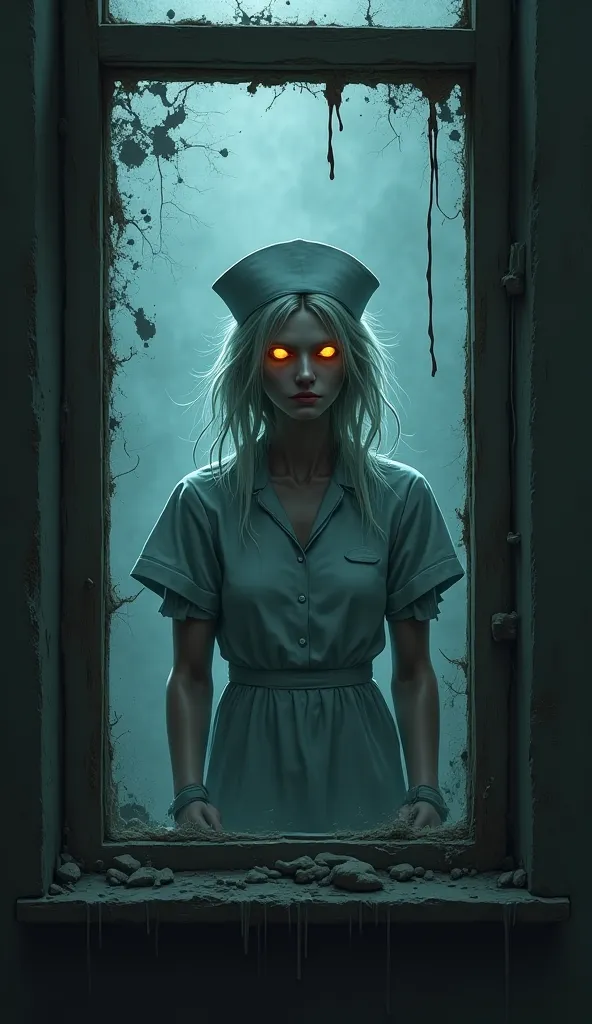 A ghostly old nurse staring through a shattered hospital window, her hollow eyes glowing faintly in the dark."
