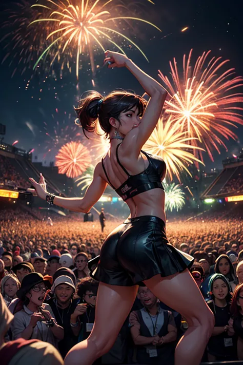 energetic music festival scene at its peak,crowd of spectators, dancing people ,Bright Lights, scene with musicians ,dynamic fir...