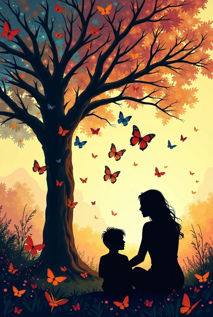 create for me a beautiful woman and her son sitting under a tree with a beautiful garden in the background and many colorful but...