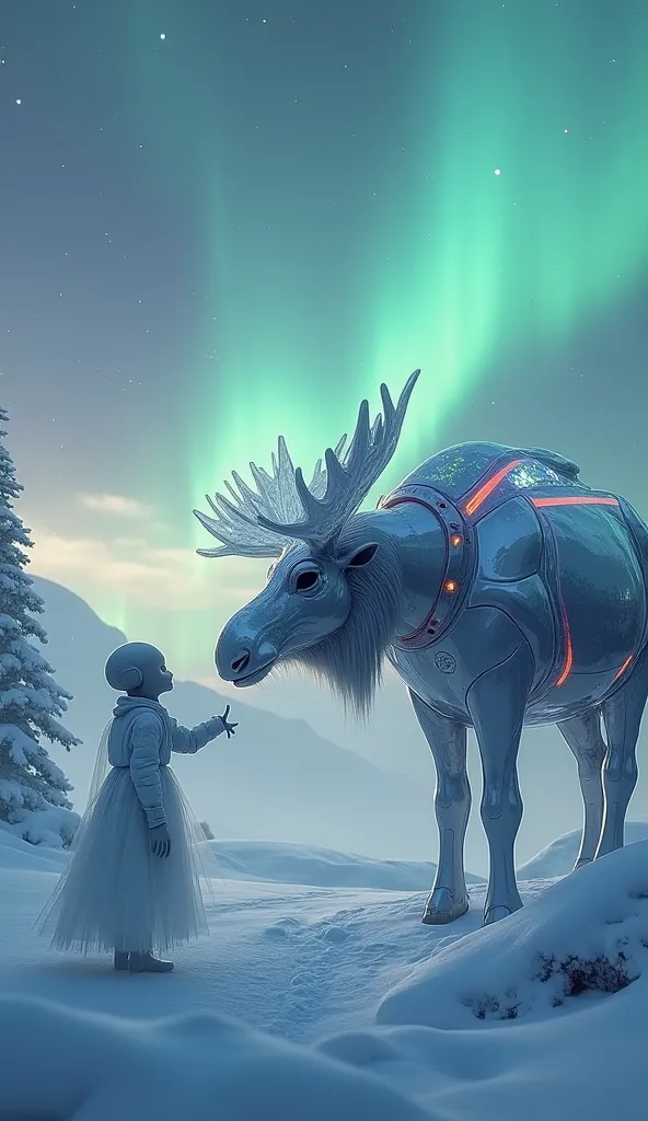 "Alien  playing with a crystalline moose, their parents watching from a sleek silver ship, northern lights reflecting on the sno...