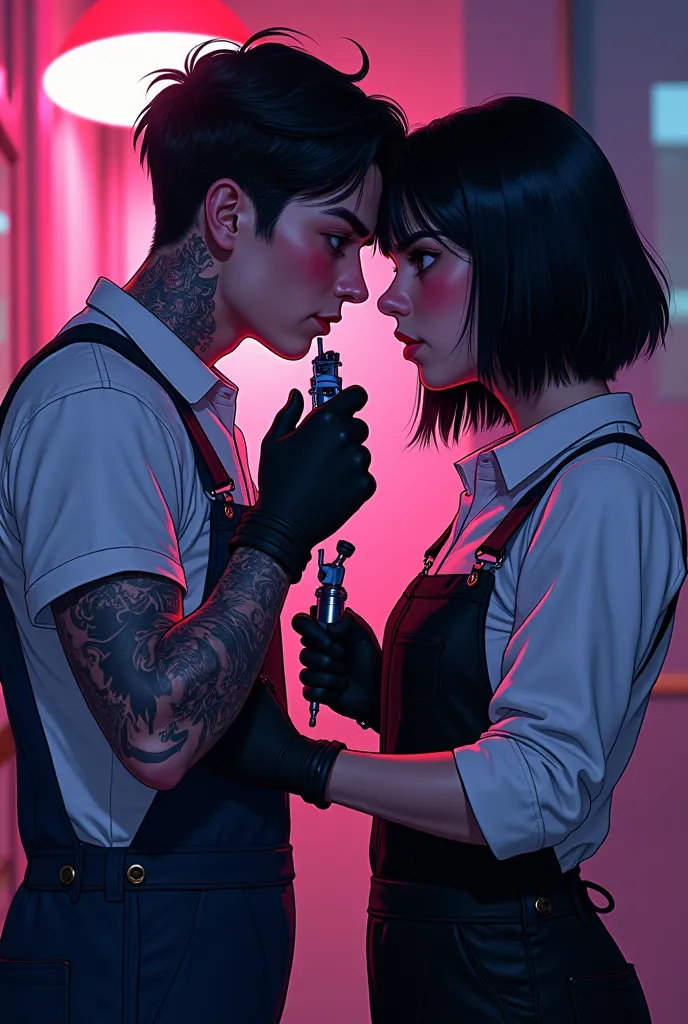 "dark romantic style，Tattoo artist（ short hair、Broken eyebrows 、Overalls）Holding a tattoo machine，cartoonist（Black hair highligh...