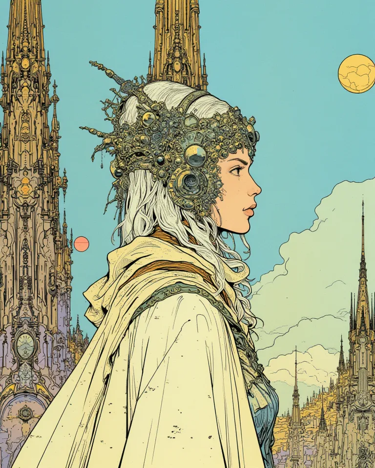 in the visual storytelling style of Jean Giraud, also known as Moebius — ultra-detailed linework, surreal and dreamlike atmosphe...