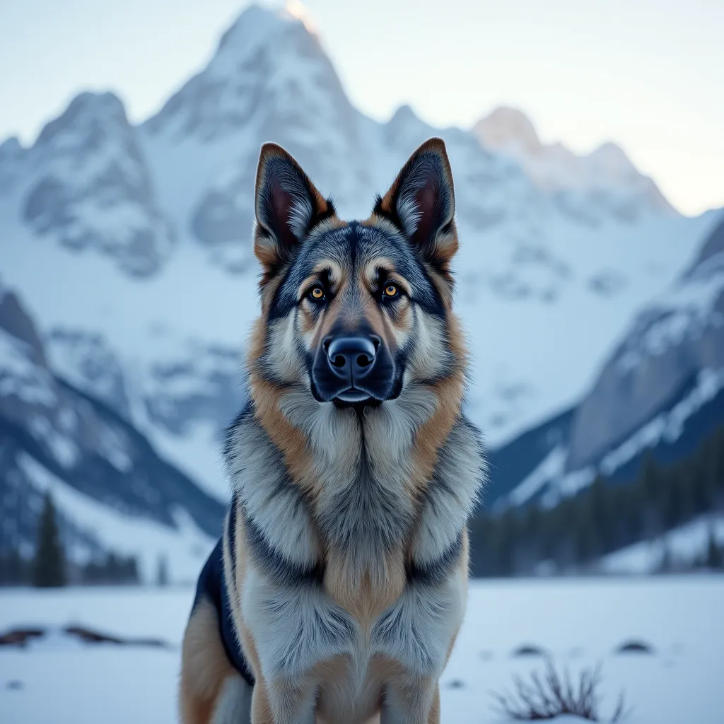 german sheppard, frontal portrait, snowy mountain background, blueish cold light, detailed gray and white fur, noble expression,...