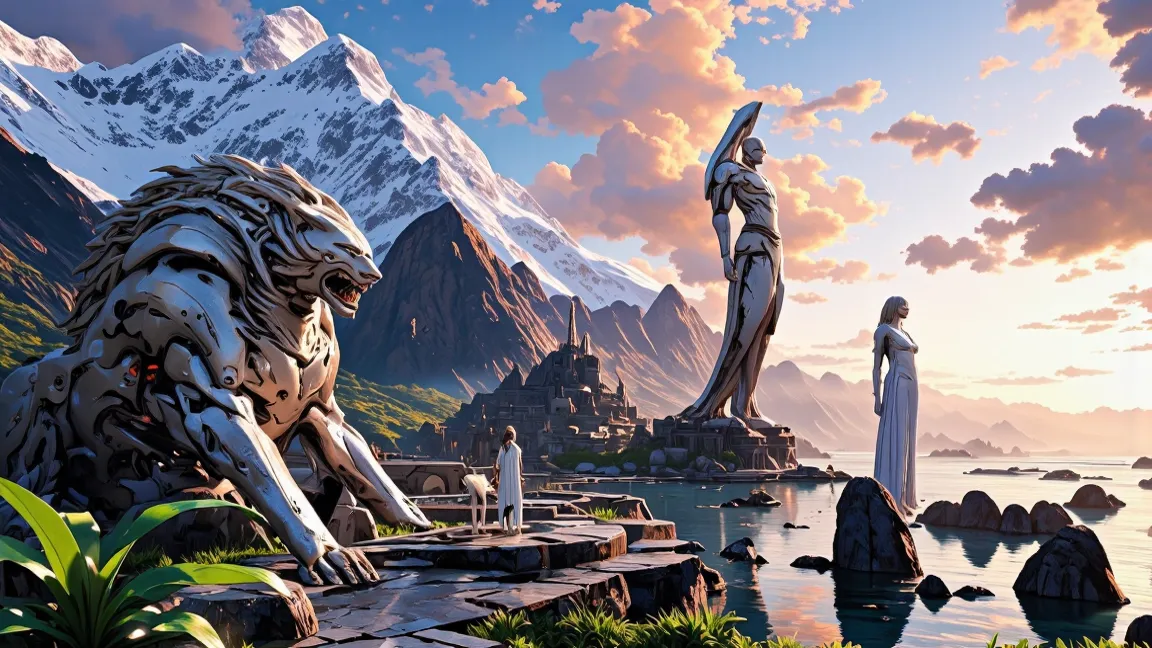 "Ultra-detailed wide-angle view of a futuristic coastal city built at the base of towering, snow-capped mountains resembling the...