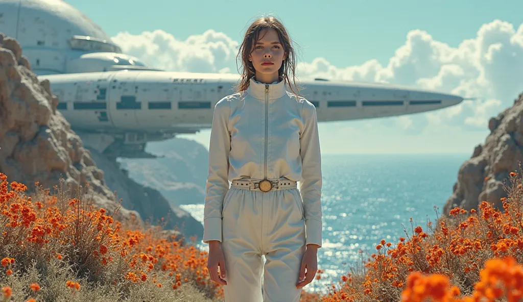 A beautiful Norwegian woman in a national white suit stands on Saturn's moon. Looking into the full face. The face is occupied b...