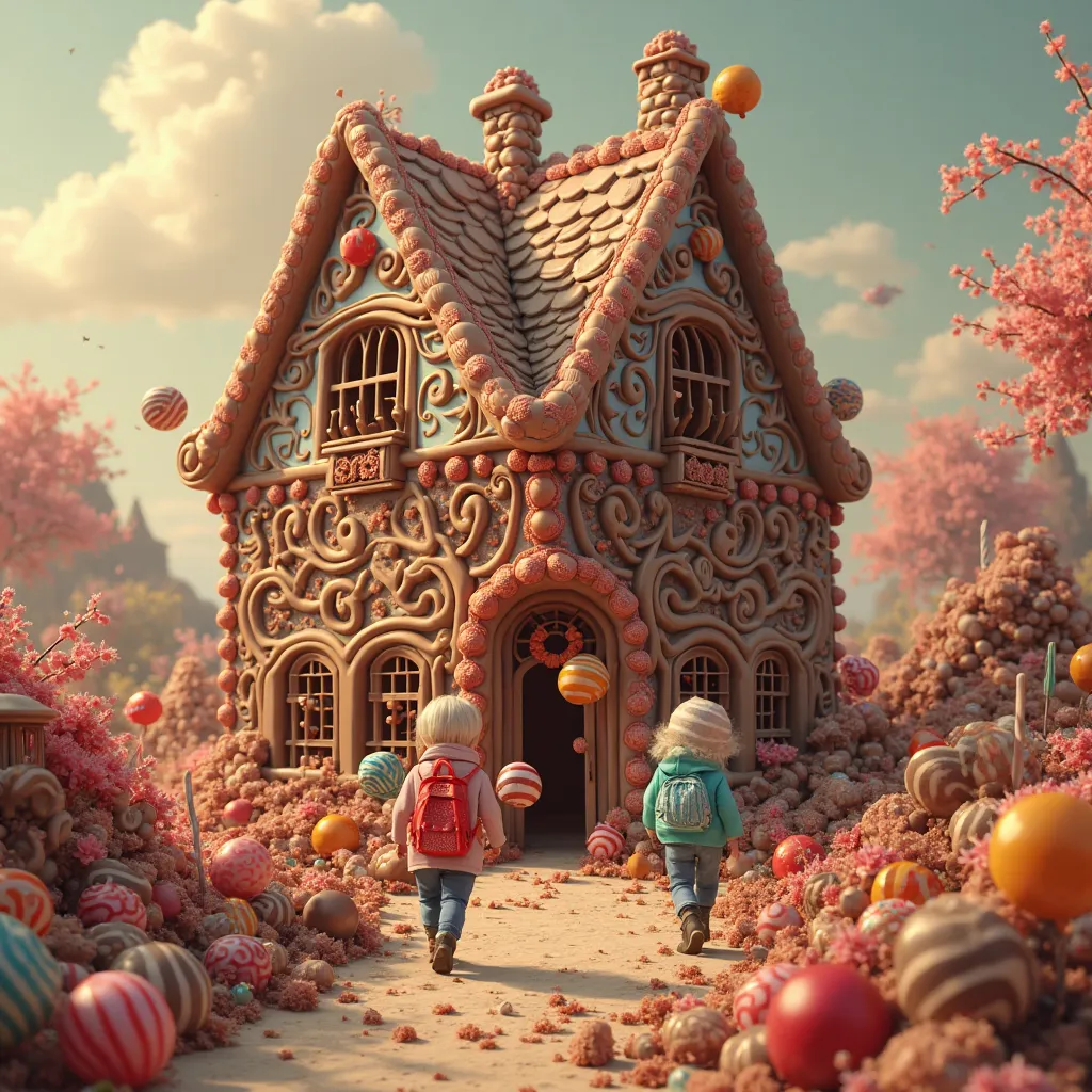 Two human ren outside a house made of chocolate and candy
