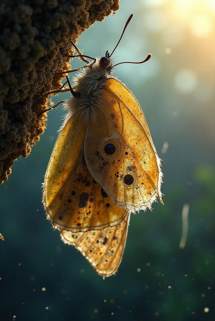 A butterfly mid-transformation inside its chrysalis**—but with a raw, unexpected twist:  
- The chrysalis is **semi-transparent*...