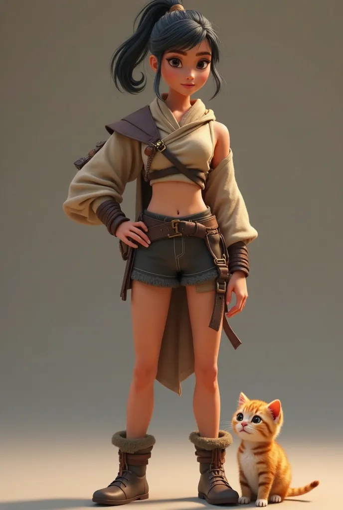 A highly realistic Disney-inspired 3D woman dressed as a calm and skilled ninja trainer. She nude and nothing with soft boots. H...