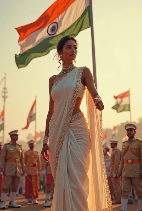 A sexy indian army official lady wearing a extremely hot white saree hoisting the indian flag on independence day