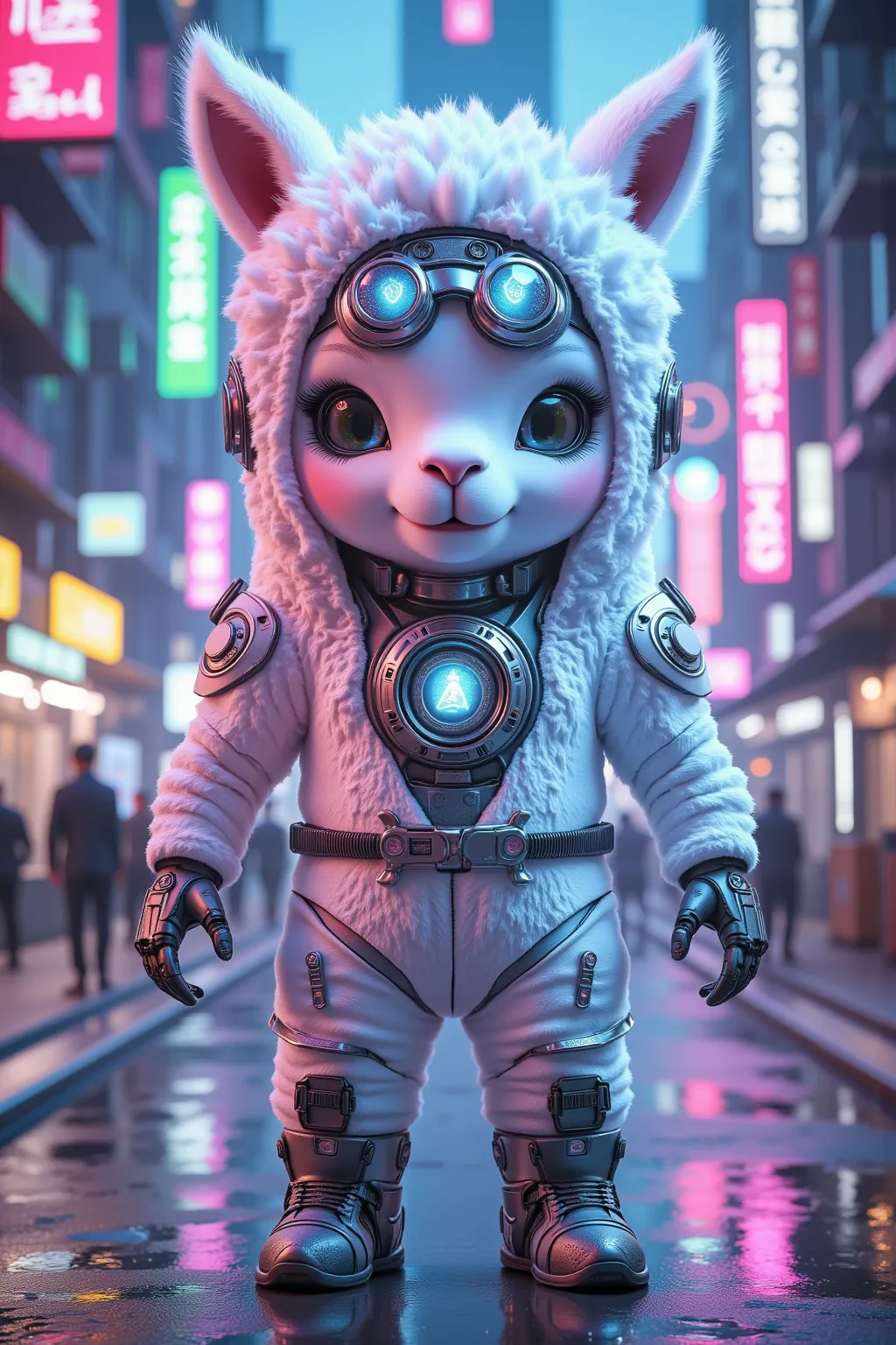 (wide angle:1.5),photorealistic portrait of Dressed animals - a ((fat)) (chibi) (baby alpaca)cyber agent,(art by Carne Griffiths...