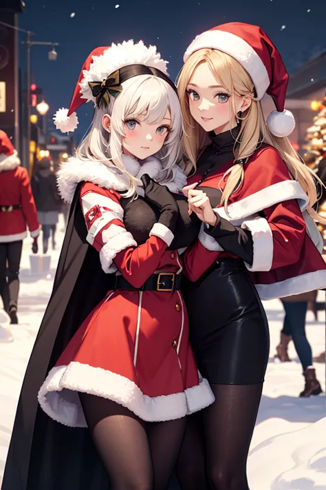 Women wearing fluffy fur Santa clothes。 Christmas Party 、 Black Santa 。Fur Cape。snow-white-skinned、German girl。multiple women。Fu...
