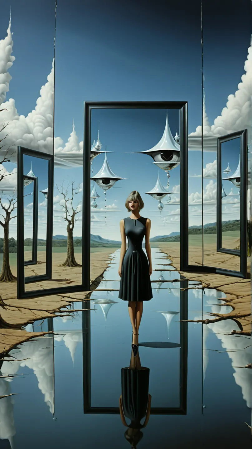 bizzare landscape with mirrors, woman sexy dress and stuff - surrealist style, surrealist artwrok, dream like, highly detailed, ...