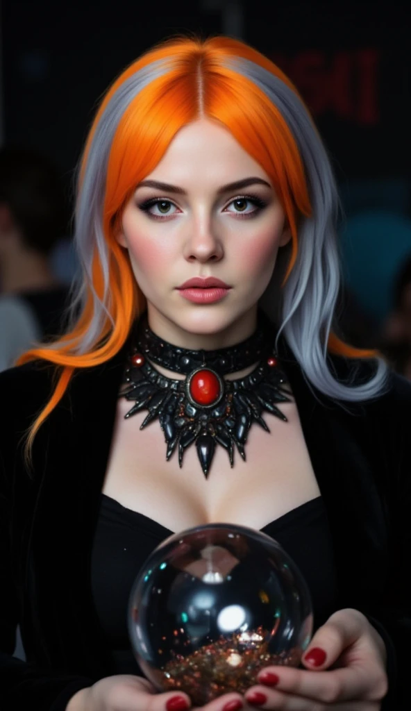The image shows a woman with striking, two-toned hair (half bright orange, half light blue-gray). She's wearing dark clothing an...