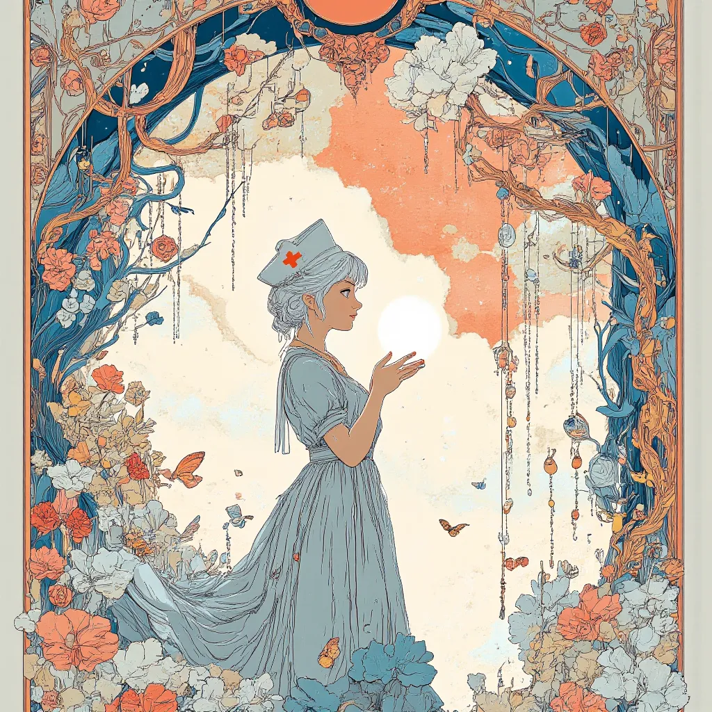 A bright and transparent background filled with soft, glowing air.
In the center, a shadow silhouette of a classical female nurs...