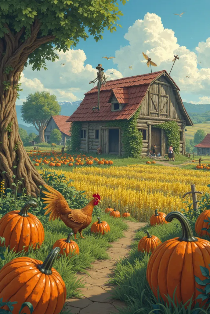 "Rustic farmland with pumpkin patches and enchanted scarecrows. A barn made of living wood (treant skeleton), farmers using mino...