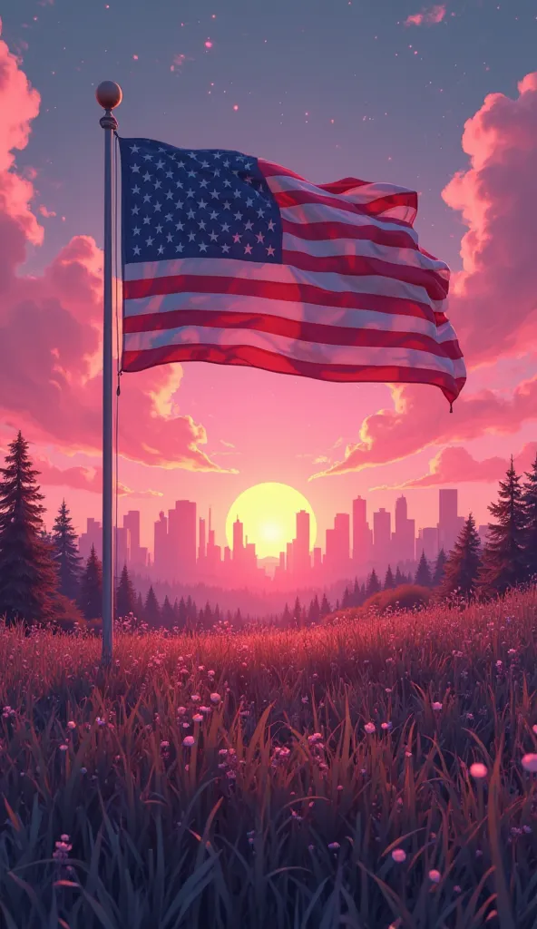 Create an animated background with the United States flag in the center, in the middle of a meadow landscape and that this is a ...