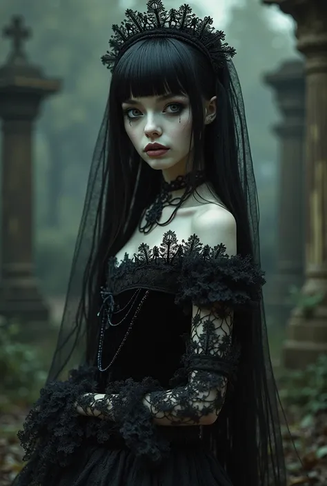 a tim Burton  bride movie style woman in a victorian black dress and long black hair with bangs