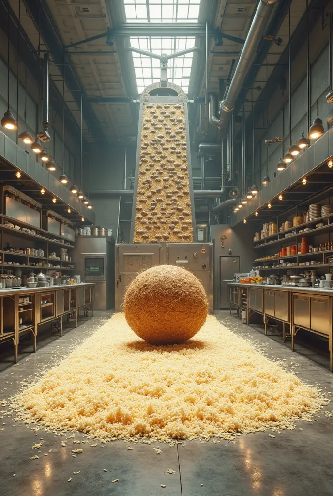 Large coconut and grated coconut carpet in a mega-industrial kitchen with large cheese grater 