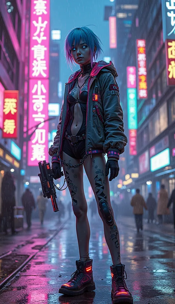 A futuristic cyberpunk character, standing in a neon-lit alleyway in a sprawling megacity. The character has a9 sleek, augmented...